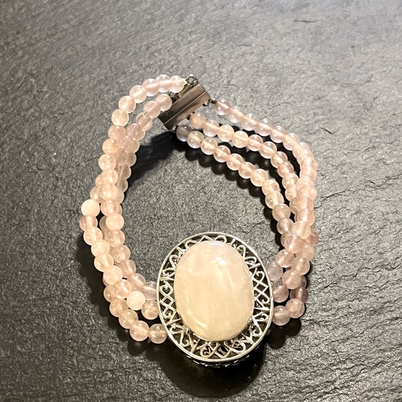 Pink Rose Quartz Beads and Stone Magnetic Stainless Steel Clasp 7.5” Bracelet - Picture 3 of 16